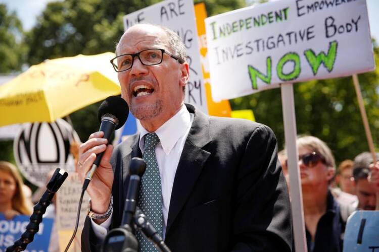 Democratic National Committee chairman Thomas Perez is seen outside the White House in Washington May 10. (CNS photo/Jonathan Ernst, Reuters)