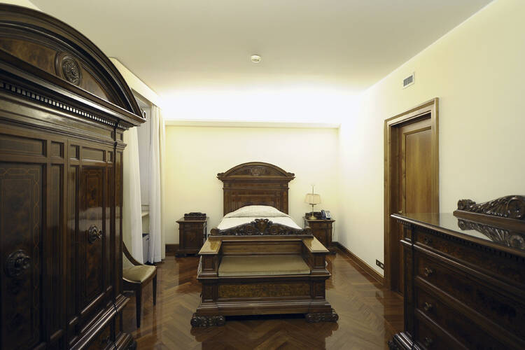 View of bedroom at residence where Pope Francis resides at Vatican.