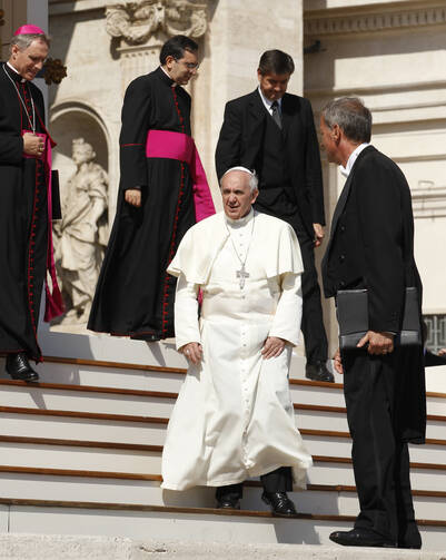 Pope prepares to greet guests during general audience in St. Peter's Square, Sept. 25 (CNS Photo / Paul Haring)