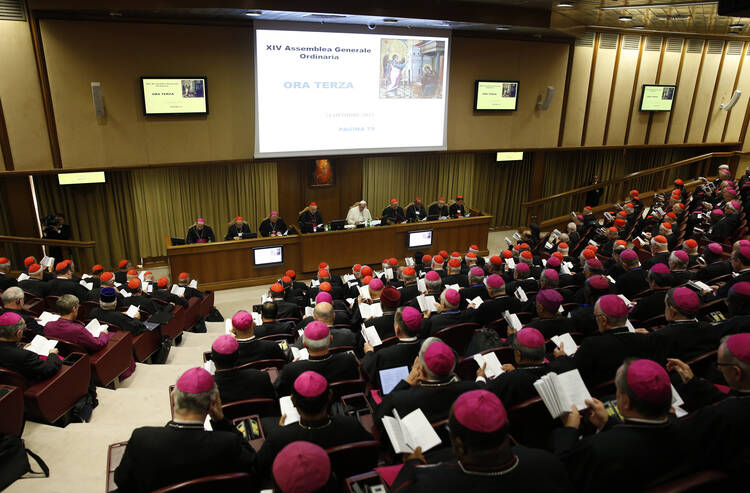 Pope Francis presides at the morning session of the Synod of Bishops on the family at the Vatican, Oct. 24 (CNS photo/Paul Haring).