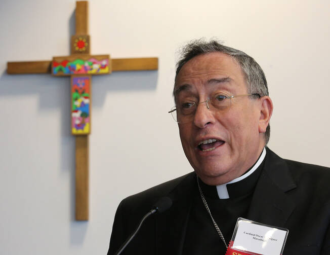 Honduran Cardinal Oscar Rodriguez Maradiaga at Bread for the World headquarters in Washington, June 3, 2014 (Bob Rollers/CNS).
