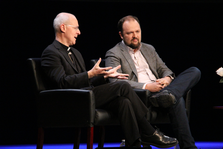 James Martin, S.J., and Ross Douthat at the Archbishop Fulton J. Sheen Center for Art and Culture in New York City. 