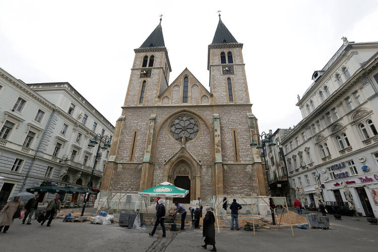 the Cathedral of the Sacred Heart in late April in Sarajevo, Bosnia-Herzegovina. Pope Francis will meet with priests, religious and seminarians at the capital's cathedral during his June 6 trip to Sarajevo. (CNS photo/Fehim Demir, EPA)