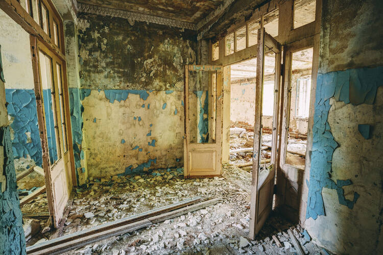 A dilapidated school in Pripyat, Ukraine, near the site of the Chernobyl disaster