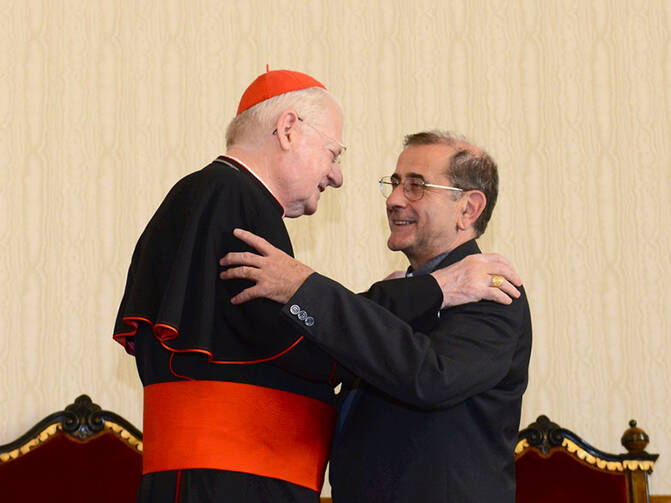 Cardinal Angelo Scola greets Mario Delpini, the newly named archbishop of Milan (photo: ChiesadiMilano)