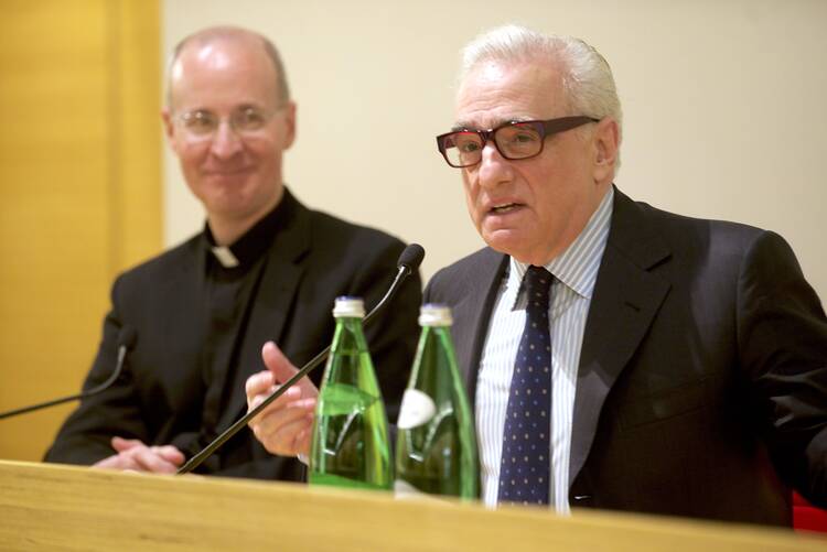 Martin Scorsese with James Martin, S.J. Scorsese screened his latest film "Silence" to over 300 Jesuit priests and brothers at the Pontifical Oriental Institute in Rome. (Photo: Jeremy Zipple, S.J.)