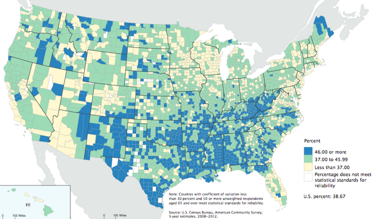 At least 46 percent of seniors in the counties colored blue have a signficant disability. (U.S. Census Bureau)