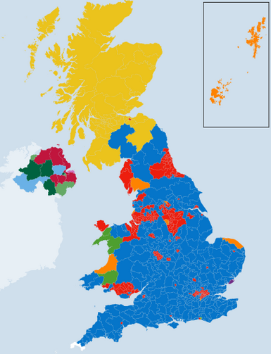 The Conservative Party (blue) has won a narrow majority in the House of Commons, but the SNP (gold) has established a virtual one-party state in Scotland. (BBC map from http://www.bbc.com/news/election/2015/results)