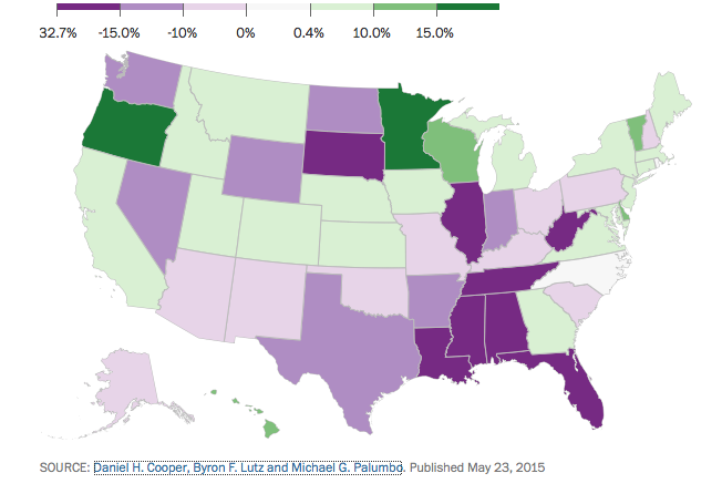 The tax codes of states in purple undermine federal efforts to reduce income inequality. (Map by Christopher Ingraham of the Washington Post)