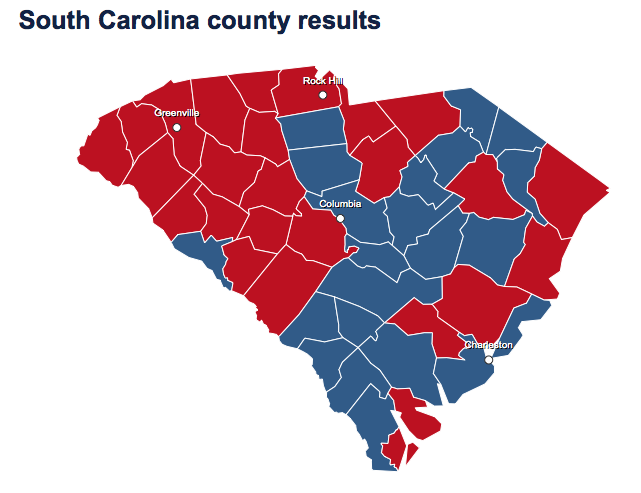 Mitt Romney won 55 percent in South Carolina in 2012, running strongest in the northwestern part of the state. (Map from NBCNews.com)