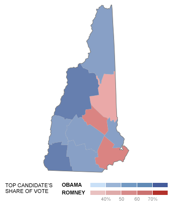 Barack Obama won 52 percent in New Hampshire in 2012, running strongest in the western part of the state. (Map from NYTimes.com)