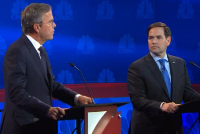 Jeb Bush, at left, was unprepared for how prepared Marco Rubio would be for his attack. (Image from video.cnbc.com.)