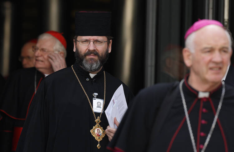 Archbishop Sviatoslav Shevchuk of Kiev-Halych, leader of the Ukrainian Catholic Church, leaves the morning session of the extraordinary Synod of Bishops on the family at the Vatican Oct. 13. (CNS photo/Paul Haring)