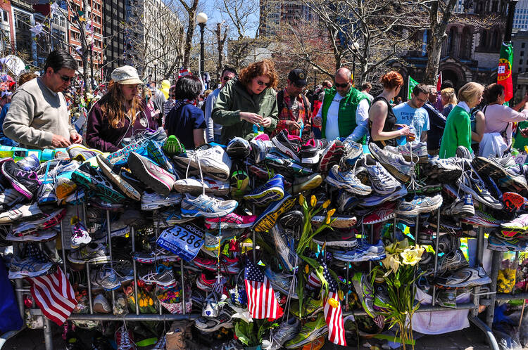 Makeshift Memorial for marathon bombing victims at Copley Square, Boston, April 30, 2013. 