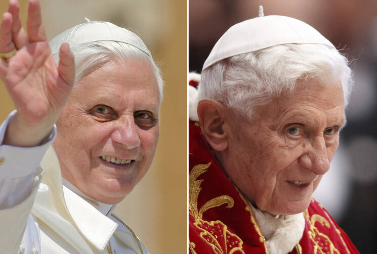 Side-by-side images of Pope Benedict XVI from 2005, 2013