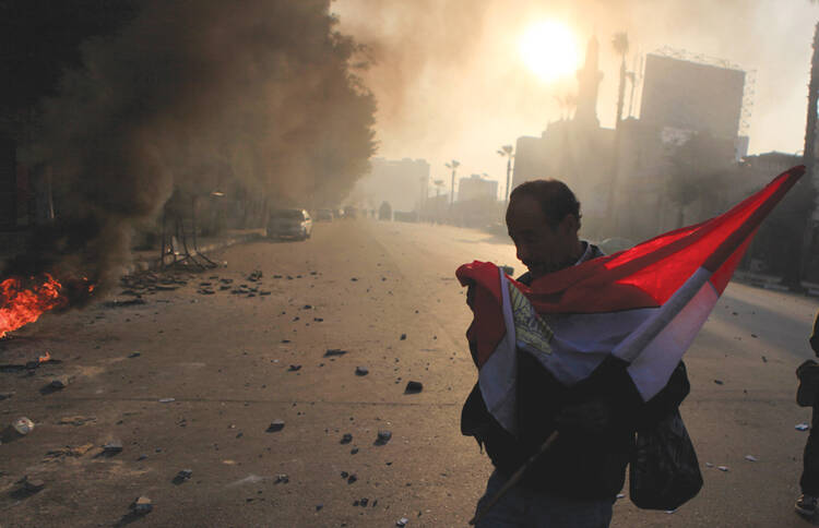 Crisis in Cairo: An anti-government protester near Tahrir square.