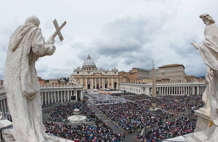 "Priests, Bishops, Popes": Pope Francis celebrates the canonization Mass for Sts. John XXIII and John Paul II in St. Peter’s square on April 27.
