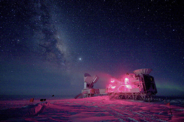 The 10-meter South Pole Telescope and the Background Imaging of Cosmic Extragalactic Polarization experiment, or Biceps2, at Amundsen-Scott South Pole Station.