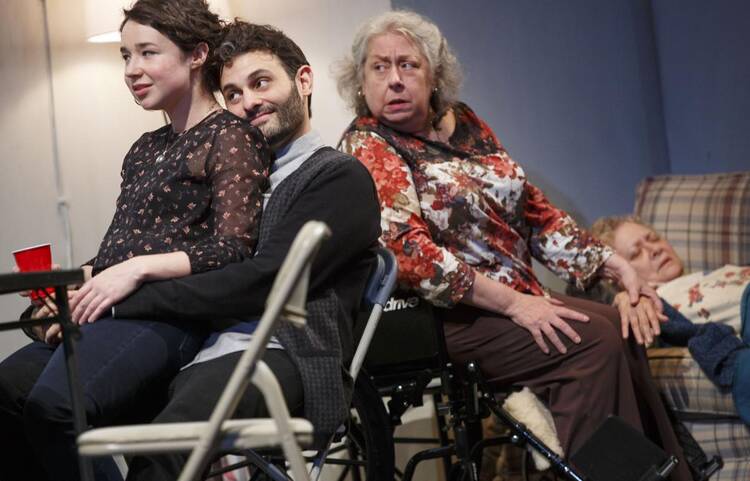 AN IRISH CATHOLIC THANKSGIVING. Sarah Steele, Arian Moayed and Jayne Houdyshell in "The Humans" (Photo: Joan Marcus).