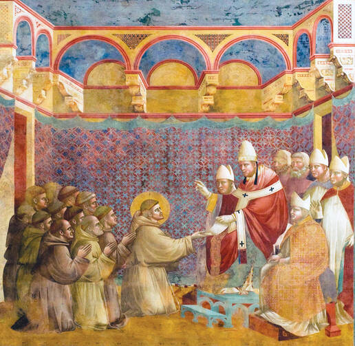 BLESSED ARE THE POOR. Pope Innocent III blessing St. Francis and his followers in Rome, 1209-1210.