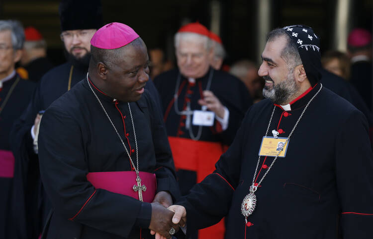 Archbishop Ignatius Ayau Kaigama of Jos, Nigeria, greets Syriac Orthodox Archbishop Yostinos of Zahle and Bekaa, Lebanon, as they leave the morning session of the extraordinary Synod of Bishops on the family at the Vatican Oct. 9. (CNS photo/Paul Haring)