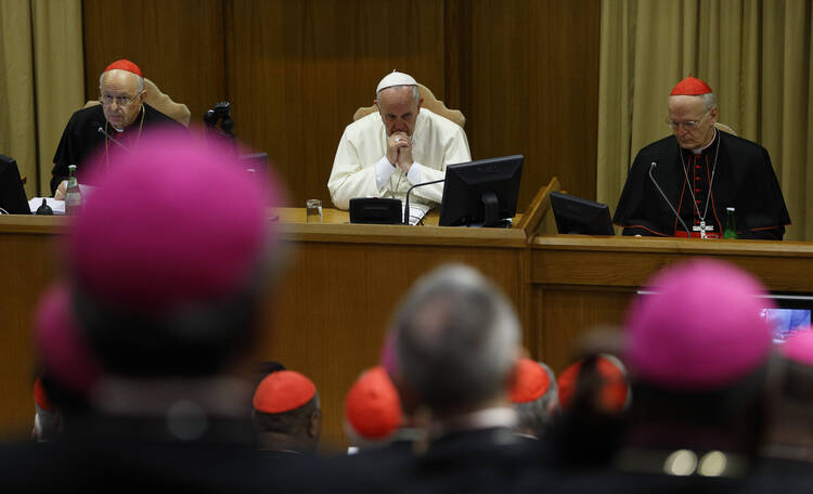 Pope Francis attends the morning session on the final day of extraordinary Synod of Bishops on the family at Vatican, Oct. 18.