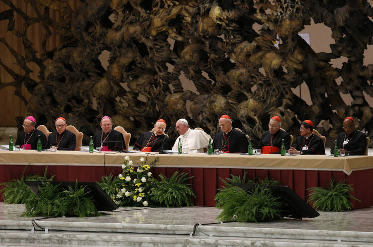 Pope Francis, leaders of the Synod of Bishops on the family and top officials attend event marking 50th anniversary of Synod of Bishops at Vatican, Oc. 17 (CNS Photo / Paul Haring).