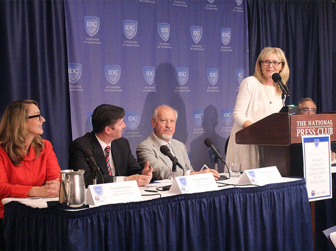 Religious freedom advocate Katrina Lantos Swett, right, leads a panel for the opening of the In Defense of Christians national convention on Sept. 7, 2016, in Washington, D.C. RNS photo by Adelle M. Banks