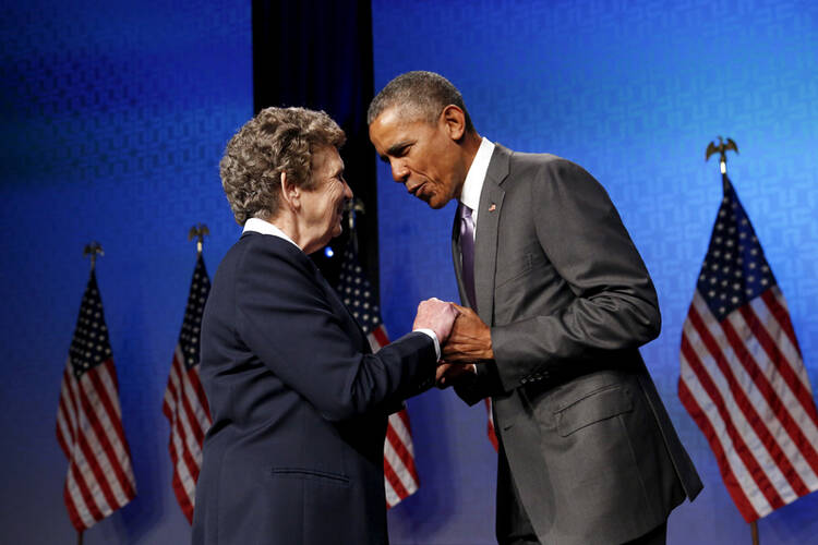Catholic Health Association President and CEO Sister Carol Keehan greets President Barack Obama as he takes the stage for remarks at the Catholic Health Association conference in Washington on June 9, 2015. Photo courtesy of REUTERS/Jonathan Ernst