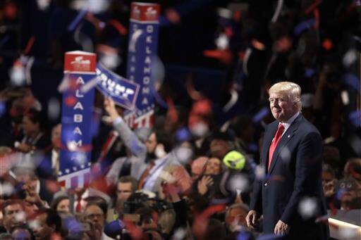 Confetti and balloons fall during celebrations after Republican presidential candidate Donald Trump's acceptance speech on the final day of the Republican National Convention in Cleveland, Thursday, July 21 (AP Photo/Matt Rourke).