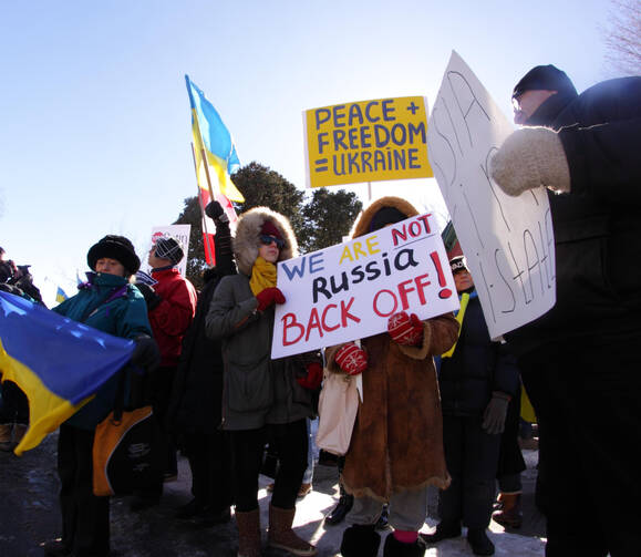 Pro-Ukraine demonstrators protest outside the Russian Embassy in Ottawa, Ontario, on March 16