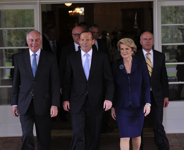 Prime Minister Tony Abbott and ministry leaving the swearing in ceremony (Photo via Wikimedia Commons)