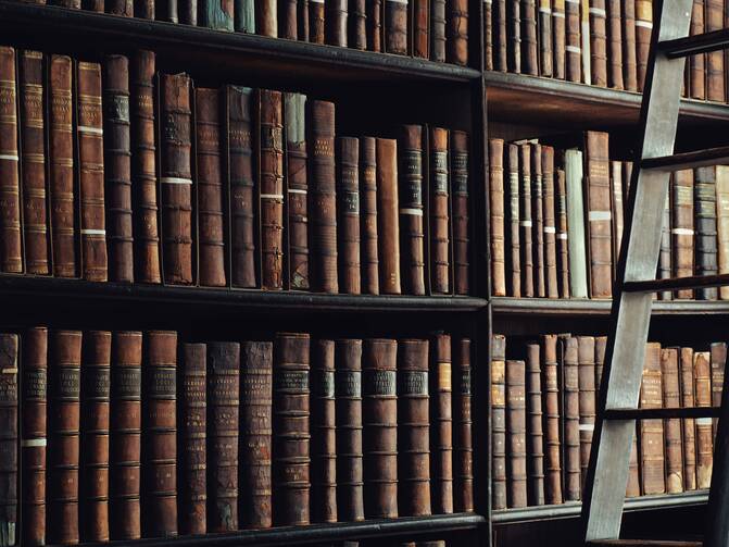 books on shelf and a ladder