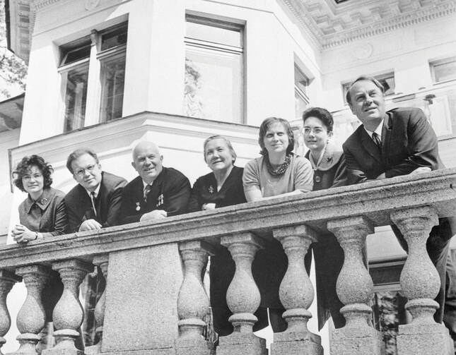 Soviet Premier Nikita Khrushchev, third from the left, poses with members of his family on the balcony of a house near Moscow in April 1963. Sergei Khrushchev is second from left.