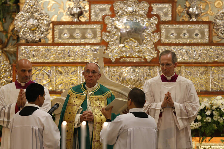 Pope Francis leads vespers with clergy and members of Catholic movements at Assumption Cathedral in Asuncion, Paraguay, July 11. (CNS photo/Paul Haring)