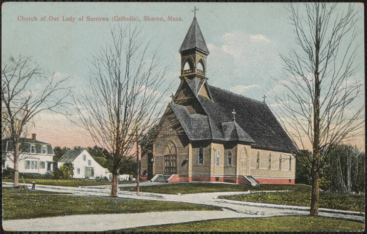 A historical photo of the Church of Our Lady of Sorrows in Sharon, Mass. Image courtesy of American Ancestors, New England Historic Genealogical Society