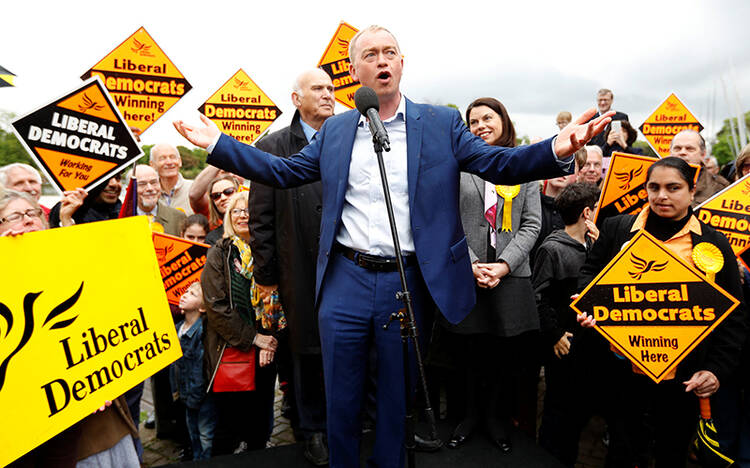 The leader of the Liberal Democrats Party, Tim Farron, speaks at the launch of the party’s general election campaign in Kingston-Upon-Thames, Britain, on May 1, 2017. Photo courtesy of Reuters/Peter Nicholls
