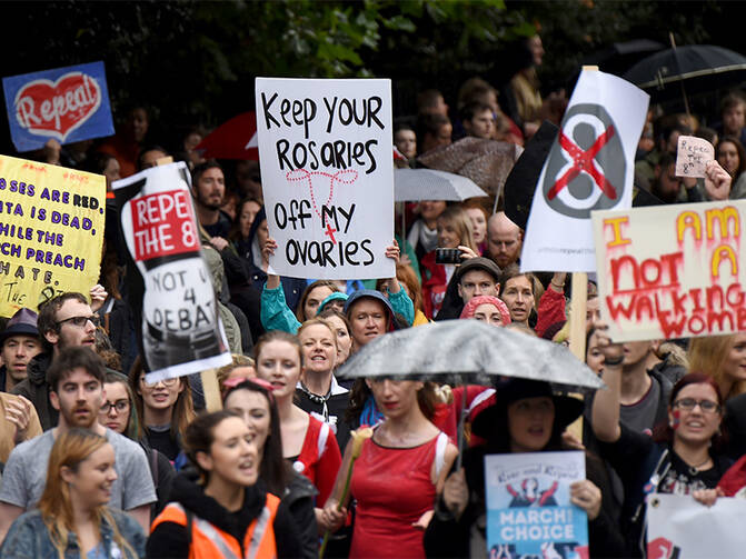 Demonstrators take part in a protest on Sept. 24, 2016, in Dublin to urge the Irish government to repeal the eighth amendment to the constitution, which enforces strict limitations to a woman's right to an abortion. Photo courtesy of Reuters/Clodagh Kilcoyne 