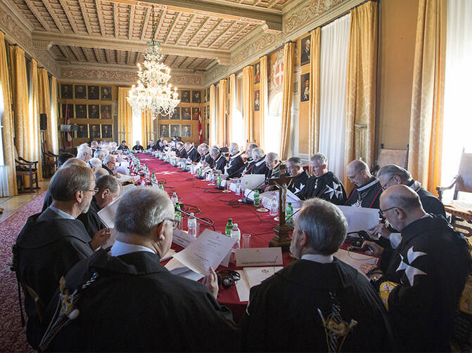 Knights of the Order of Malta gather in a villa in Rome on April 29, 2017, to elect an interim leader to carry out reforms of the ancient chivalric order following a bitter internal clash that promoted the intervention of Pope Francis. (Photo courtesy of the Order of Malta/Remo Casilli)