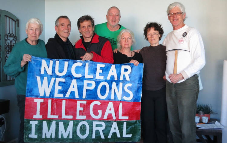 The Kings Bay Plowshares 7. From left to right: Elizabeth McAlister, Stephen Kelly, Carmen Trotta, Mark Colville, Martha Hennessy, Clare Grady and Patrick O’Neill. Photo courtesy of the Kings Bay Plowshares 7