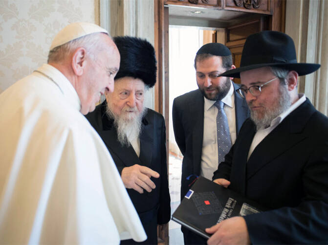 Pope Francis meets with Rabbi Edgar Gluck, chief rabbi of Galicia, center left, during a private audience at the Vatican on May 8, 2017. Photo courtesy of L'Osservatore Romano