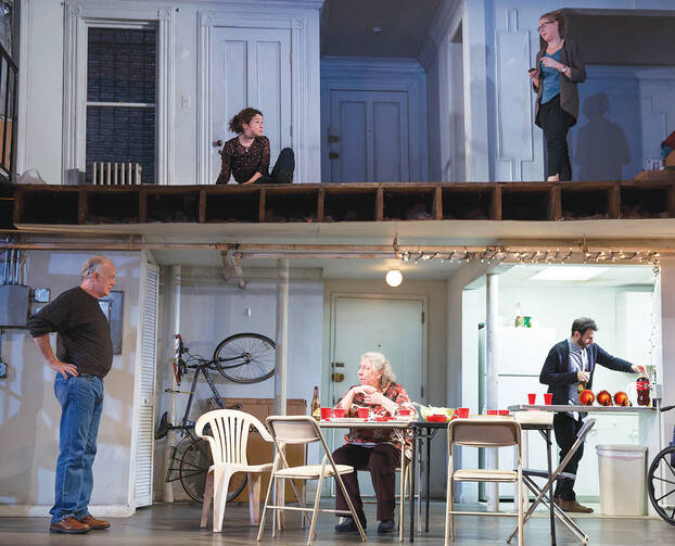 NUCLEAR OPTION. Clockwise from top: Sarah Steele, Cassie Beck, Arian Moayed, Jayne Houdyshell, Reed Birney