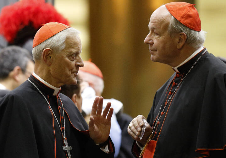 Cardinal Donald W. Wuerl of Washington talks with Cardinal Christoph Schonborn of Vienna as they leave the opening session of the Synod of Bishops on the family at the Vatican, Oct. 5. (CNS photo/Paul Haring).