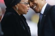 U.S. President Obama pays respects to Graca Machel at memorial service for her late husband, Nelson Mandela (CNS photo/Kai Pfaffenbach, Reuters) 
