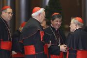 German Cardinal Kasper and other cardinals speak as they arrive for meeting with Pope Francis in synod hall at Vatican. (CNS photo/Paul Haring)