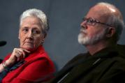Irish abuse victim Marie Collins, the lone clerical abuse survivor nominated by Pope Francis to sit on the new Pontifical Commission for the Protection of Minors, looks at Boston Cardinal Sean P. O'Malley during their first briefing at the Holy See press office at the Vatican on May 3. (CNS photo/Alessandro Bianchi, Reuters)