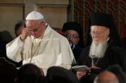 Pope Francis and Ecumenical Patriarch Bartholomew attend ecumenical celebration in Church of the Holy Sepulcher in Jerusalem. (CNS photo/Paul Haring)