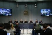 Vatican spokesman speaks during press conference for release of working document for extraordinary Synod of Bishops on family. (CNS photo/Paul Haring)