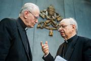 Cardinals converse following press conference for release of working document for extraordinary Synod of Bishops on family.