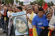 Crowds await the arrival of Pope Francis for his Mass in Mother Teresa Square in Tirana, Albania, Sept. 21. (CNS photo/Paul Haring)